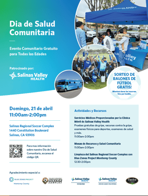 Dia de Salud Comunitaria 21 de abril de las 11am en el complejo regional de futbol de salinas