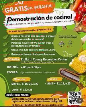 Demo de cocina gratis en North County Recreation Center de April a Junio los miercoles o jueves de 4pm-5pm