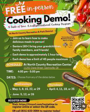 free in person cooking demo at north county recreation center 4pm, days vary wednesdays and thursdays April through June